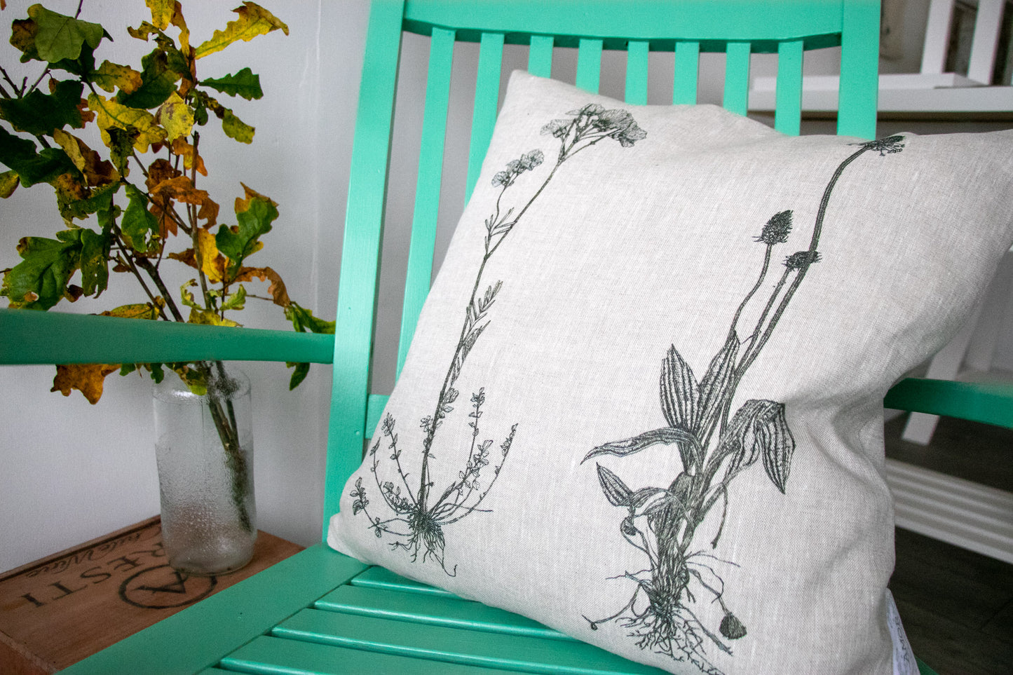 'Cuckooflower & Ribwort Plantain' Irish Linen printed Cushion/Cover from AMOR Botanical Art, Leitrim