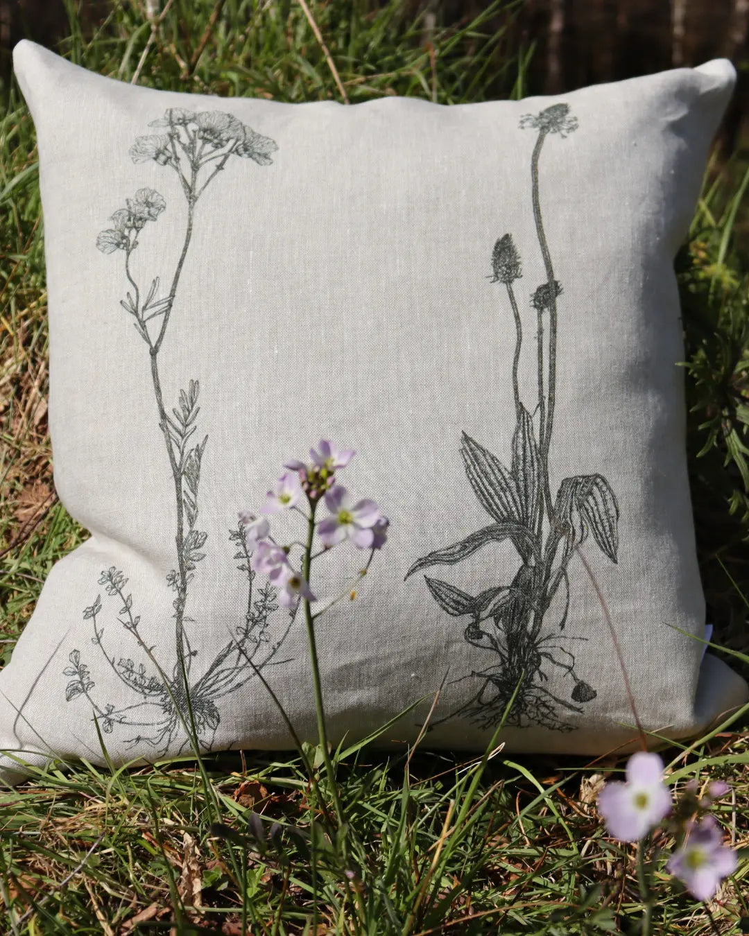 'Cuckooflower & Ribwort Plantain' Irish Linen printed Cushion/Cover from AMOR Botanical Art, Leitrim