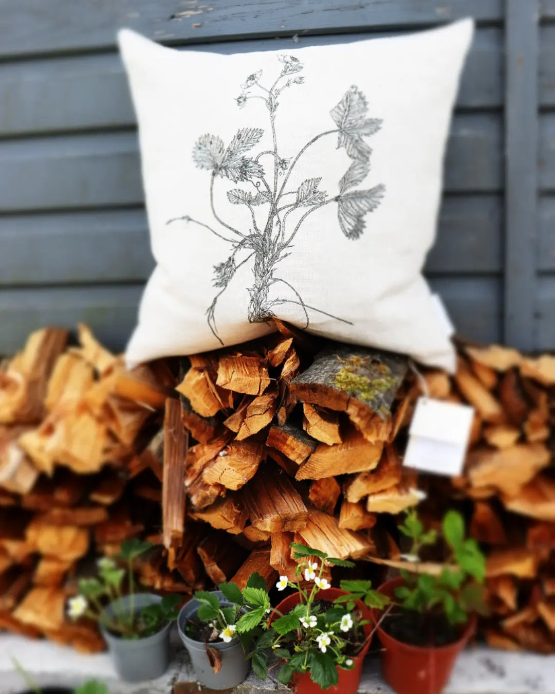 'Wild Strawberry' Irish Linen Cushion/Cover from AMOR Botanical Art, Leitrim